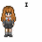 Pixelated character with long brown hair in three variations: school uniform, Gryffindor robe, and wolf form; green heart symbol appears next to 'I' text.