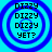 Four identical circular blue-and-cyan pixelated icons with "DIZZY" text repeated three times and "YET?" at the bottom, arranged in a on a cyan background
