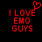 Red pixelated text 'I LOVE EMO GUYS' on black background with a heart symbol above the word 'LOVE', displayed in two identical frames.
