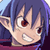 Pixelated anime-style character face with purple hair, wide eyes, and a slight smile against a light blue background.