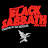 A 4-frame contact sheet of animated AIM buddy icons featuring a red 'Black Sabbath' logo with a white bird, a gray winged figure in motion, and a red oval 'RHINO' text logo on white background.