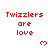 Red pixelated text 'Twizzlers are love' repeated across a white background with small red heart symbols below each phrase.