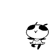 Black-and-white cartoon character with round head, dark oval eyes, and small V-shaped mouth in various poses across four