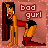 Pixel art contact sheet showing two frames of an animated buddy icon with a cartoon woman in red and black attire performing a bent-over pose next to text reading "bad gurl" on a pink background.