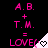 Pixelated pink text and symbols on black background with animated heart icons in white triangular corners.