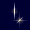 Two white starbursts with radiating lines on a dark blue background, positioned diagonally left of center.