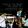 A repeated of identical frames showing a person in a light jacket holding a child, with text above reading "I feel in my heart the start of something new"