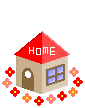Pixelated house with red roof labeled 'HOME' and a small animal peeking from the top, surrounded by colorful flowers on a gray background.
