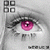 A pixelated eye with a pink iris and black pupil, surrounded by gray tones on a light background.
