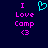 Pixelated text and symbols on dark blue background: 'I Love Comp <3' in pink with cyan heart above, left side; same text without heart on right.