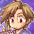 Pixelated anime-style character with light brown hair and red eyes, shown in two against a purple background