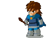 Pixel art character in blue and gray armor holding a staff, with pink magical effects and Chinese characters appearing in sequence.
