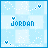 Pixelated blue and white animation with 'JORDAN' text, floating hearts, and scattered dots on a checkered background.