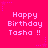 Pixelated pink background with repeated 'Happy Birthday Tasha !!' text and small purple stars.