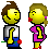 Pixelated yellow-headed figures in white shirts and blue pants interact with pink-dressed figures holding red roses, transitioning from separate poses to hand-holding.