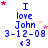 Blue text reading "I love John 3-12-08 <3" with pink and red stars scattered across a white background, animated to shift star positions.