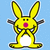 Pixelated yellow rabbit-like creature with long ears, pink nose, black eyes, and white belly against light blue background.