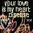 Pixelated text reads 'your love is my heart disease' above three stylized hearts in pink, gray, and orange on a black background.