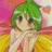 Pixelated anime-style character with green hair and yellow clothing against a pink and orange gradient background, next to black with white text