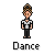 Pixel art character in white shirt and dark pants performing multiple dance poses with text "Dance" below each frame.