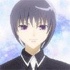 Anime-style character with short dark hair and purple eyes in black uniform against blue sky background, next to 'Fruits Basket' text.