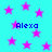 Cyan background with scattered pink stars and blue text reading "Alexa" in multiple locations.