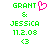 Green pixelated text reads 'GRANT & JESSICA 11.2.08 <3' with a pink heart symbol on the left side of the frame.