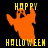 Animated Halloween-themed icon with orange and brown ghost figures, yellow text reading 'HAPPY HALLOWEEN', black background, and gray on right