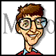 Animated cartoon character with brown hair and glasses, wearing a red shirt over blue collar, transitioning between headwear including green hat and statue prop.