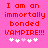 Red pixelated text on pink background reads "I am an immortally bonded VAMPIRE!!!" with five white and light pink heart symbols below.