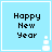 Light blue square with white border displays "Happy New Year" text and animated snowman icon.