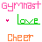Pixelated text and symbols in pink, green, orange, and white display 'gymnast', 'love', 'Cheer' with animated heart variations across three