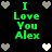 Green pixelated text "I Love You Alex" on black background with gray and white heart icons, animated to alternate between two states of heart colors.
