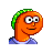 Pixelated orange cartoon character with green hair and blue shirt against gray background