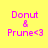 Four variations of a pixelated text-based icon showing 'Donut & Prune<3' with green background bars in different positions against a yellow background.
