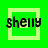 Green background with light green square outlines and black text 'shelly' in pixelated font across four showing different frame arrangements