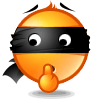 Animated orange circular character with black bandana, white eyes, and raised finger in four sequential poses showing wing movement.