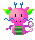 Pink pixelated dragon with green wings and segmented body holds white star-shaped object, blue antennae, and blue whiskers on gray background.
