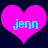 Two bright pink heart shapes with cyan text 'jenn' on a dark blue background, each heart slightly offset from the other.