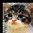 Pixelated static image of a character with dark hair, large eyes, and an orange mouth against a multicolored pixel background.
