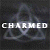 A 50x50 pixel animated contact sheet showing two frames of a Charmed-themed buddy icon with text and abstract visual elements on dark and green backgrounds.