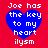 Red background with four identical blue heart shapes containing white text reading "Joe has the key to my heart" and "ilysm" below.