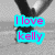 Pixelated image with cyan text boxes reading "I love kelly" over a grayscale background featuring partial black and white shapes.