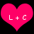 Two identical pink heart shapes with white text "L + C" centered on a black background.