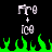 Pixelated white text 'FRO' above '+' and '100', with green flame shapes at the bottom on a black background.