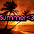 Pixelated beach sunset scene with palm trees and orange sky, overlaid with pink text phrases in a