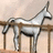 A pixelated image of a white horse on a bridge with a bright pink background and blue text.