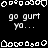 Pixelated white text and symbols on black background with repeated 'go gurt yo...' phrases, some frames showing gray rectangular overlay.