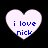 Four heart-shaped icons with blue text 'i love nick' on a black background, each displaying slight variations in pixelation and color saturation.