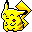 Pixelated yellow cartoon character with black-tipped ears, red cheek circles, and brown tail stripes in two side-by-side poses against gray background.